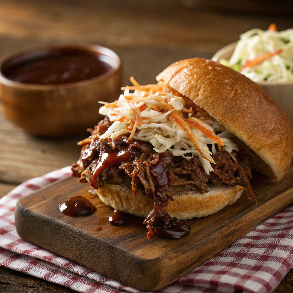 BBQ Pulled Pork Sandwich with coleslaw on a hamburger bun