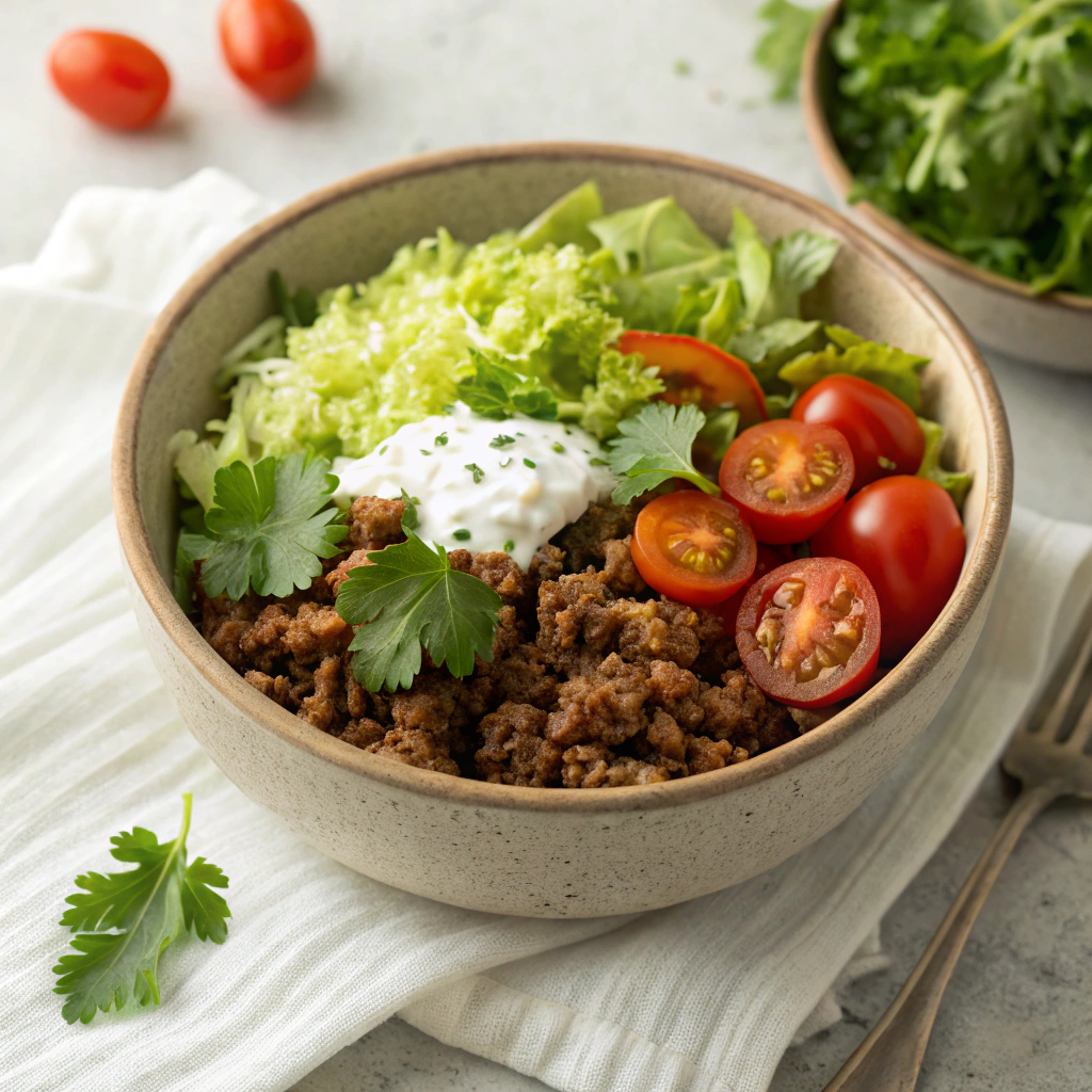 Beef Taco Bowl Meal Prep with ground beef, shredded lettuce, cherry tomatoes, and Greek yogurt.