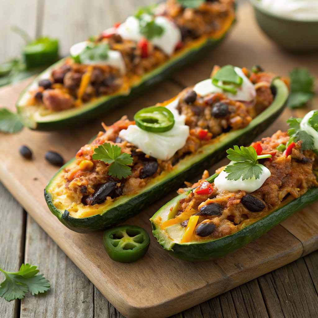 Easy Stuffed Zucchini Boats chipotle chicken with black beans and corn
