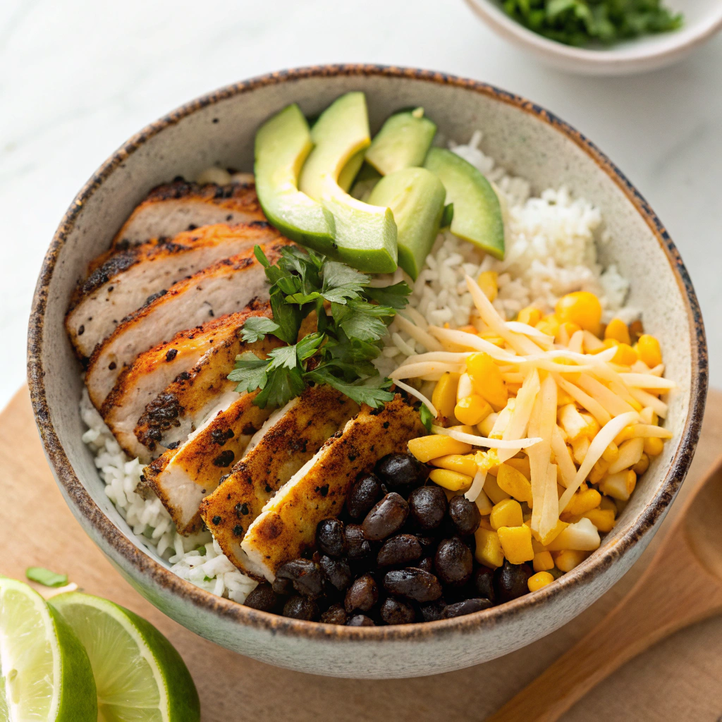 Classic Chicken Taco Bowl Meal Prep with rice, black beans, corn, avocado, and cheese.