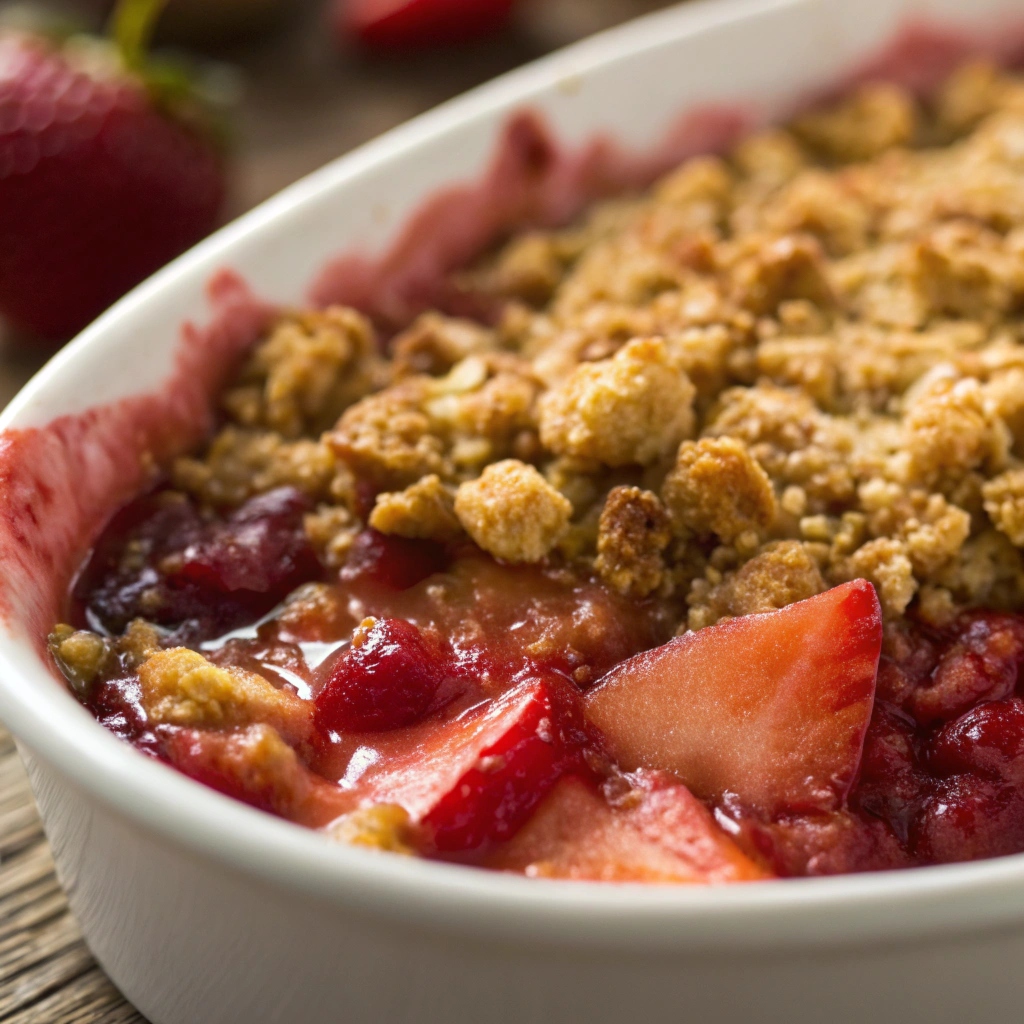 Close-up of Easy Strawberry Rhubarb Crisp showcasing the crispy topping and juicy filling