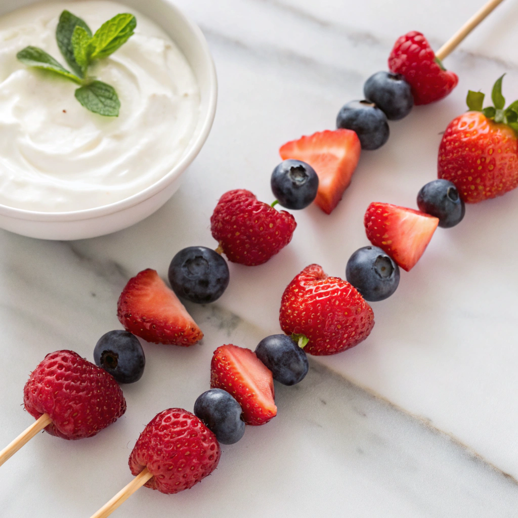 Berry and yogurt parfait skewers featuring strawberries, blueberries, and raspberries served with Greek yogurt.