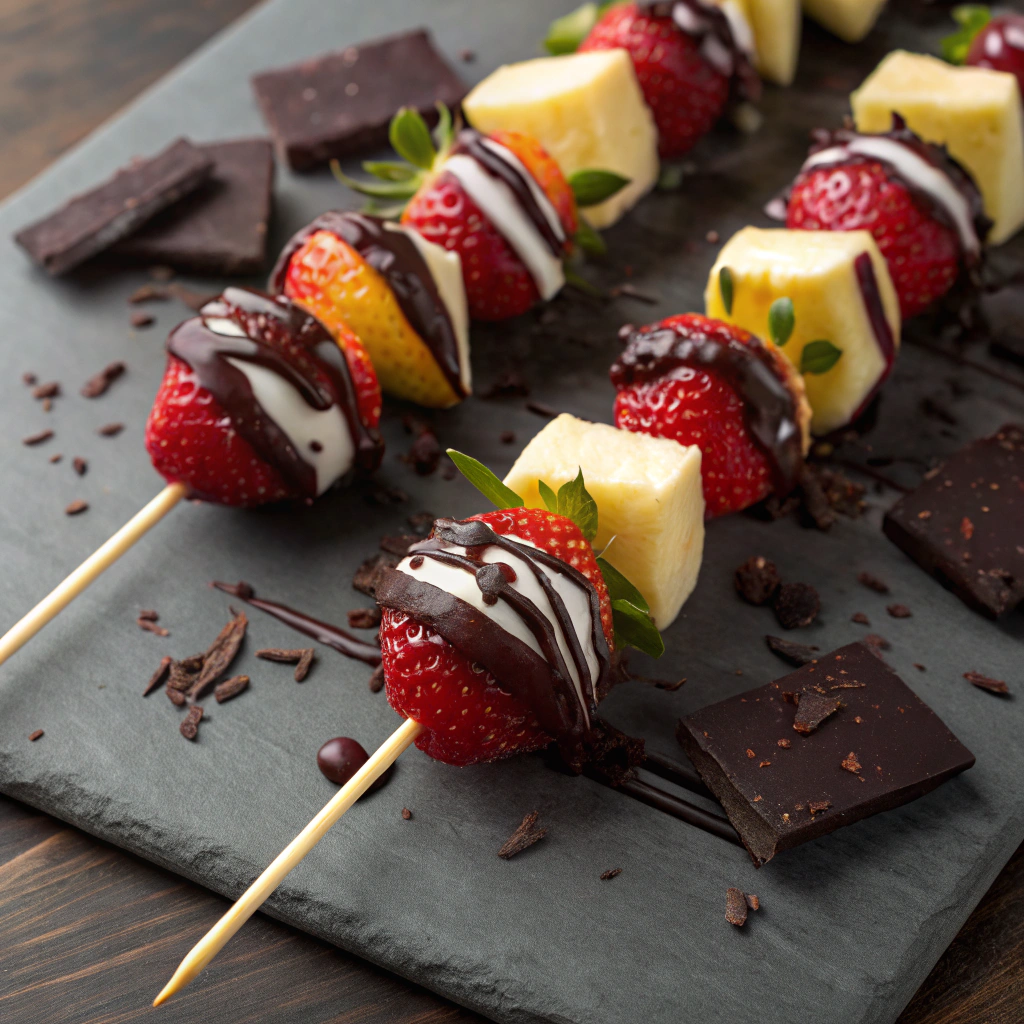 Chocolate-dipped fruit skewers with strawberries, bananas, and pineapple, covered in sprinkles.