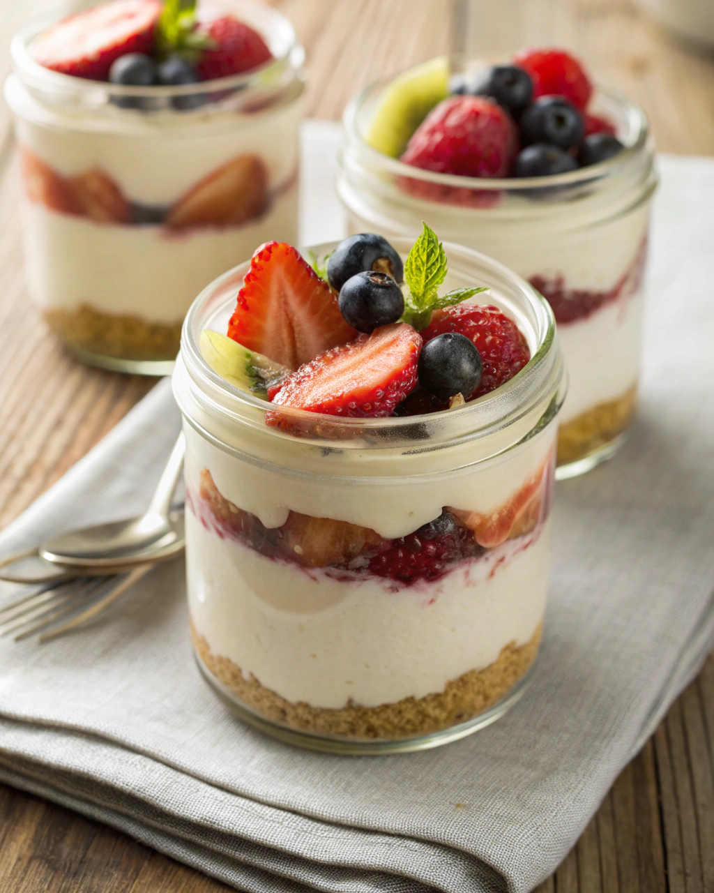 Easy homemade desserts for weeknight family dinners — no-bake cheesecake jars topped with mixed fruit