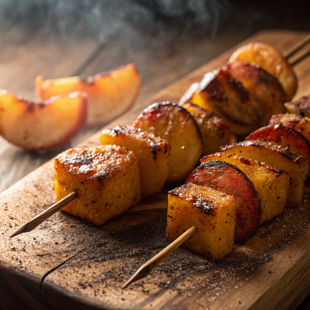 Grilled fruit kabobs with peaches and pineapples sprinkled with cinnamon sugar.