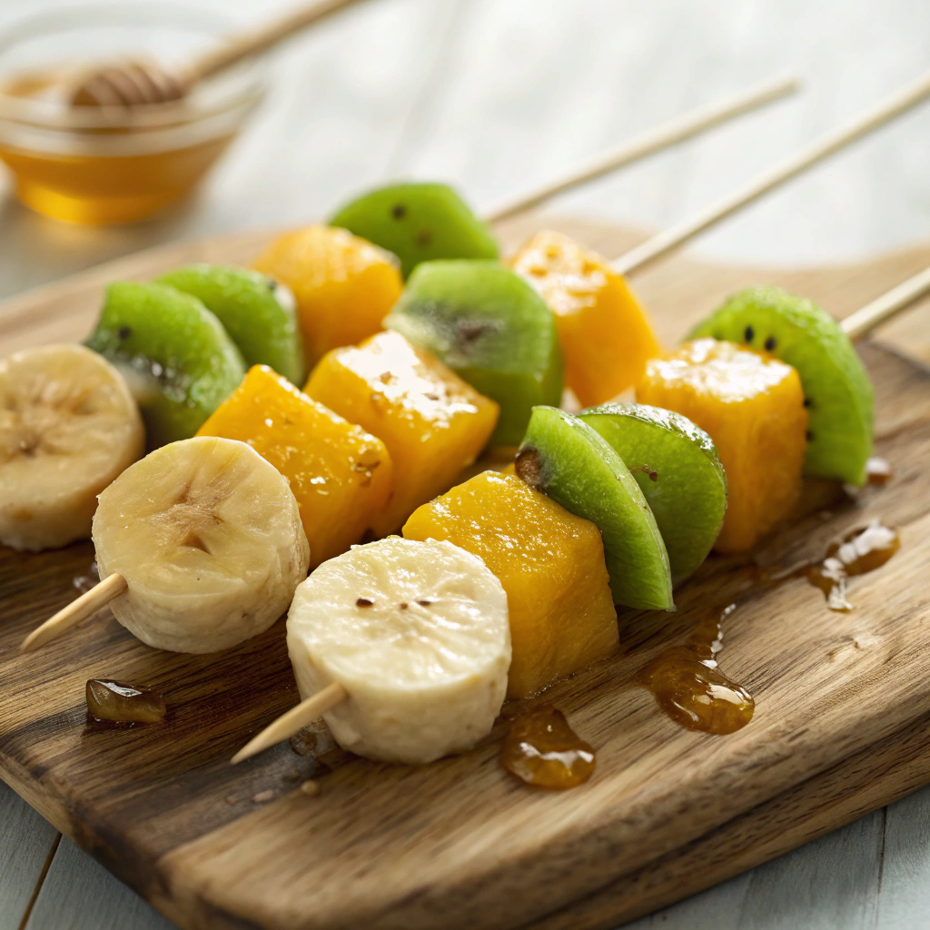 Tropical fruit skewers featuring mango, kiwi, and banana drizzled with honey lime.