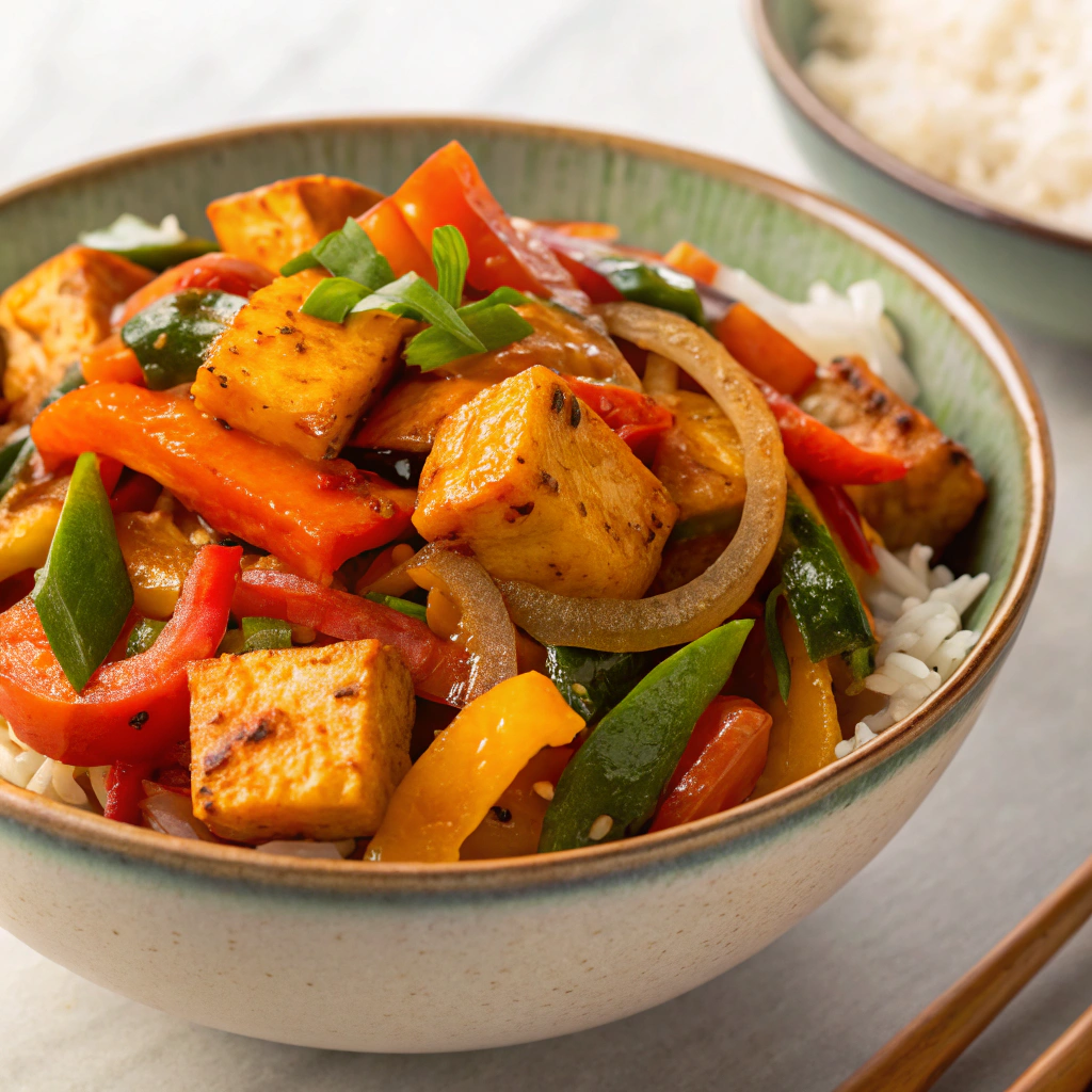 Colorful sweet and sour tofu stir-fry served in a bowl.Wednesday night supper