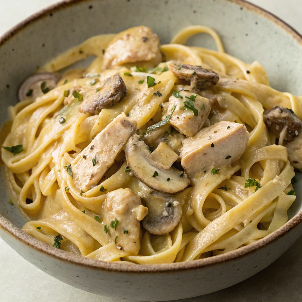 Delicious creamy chicken and mushroom pasta dish served in a bowl.