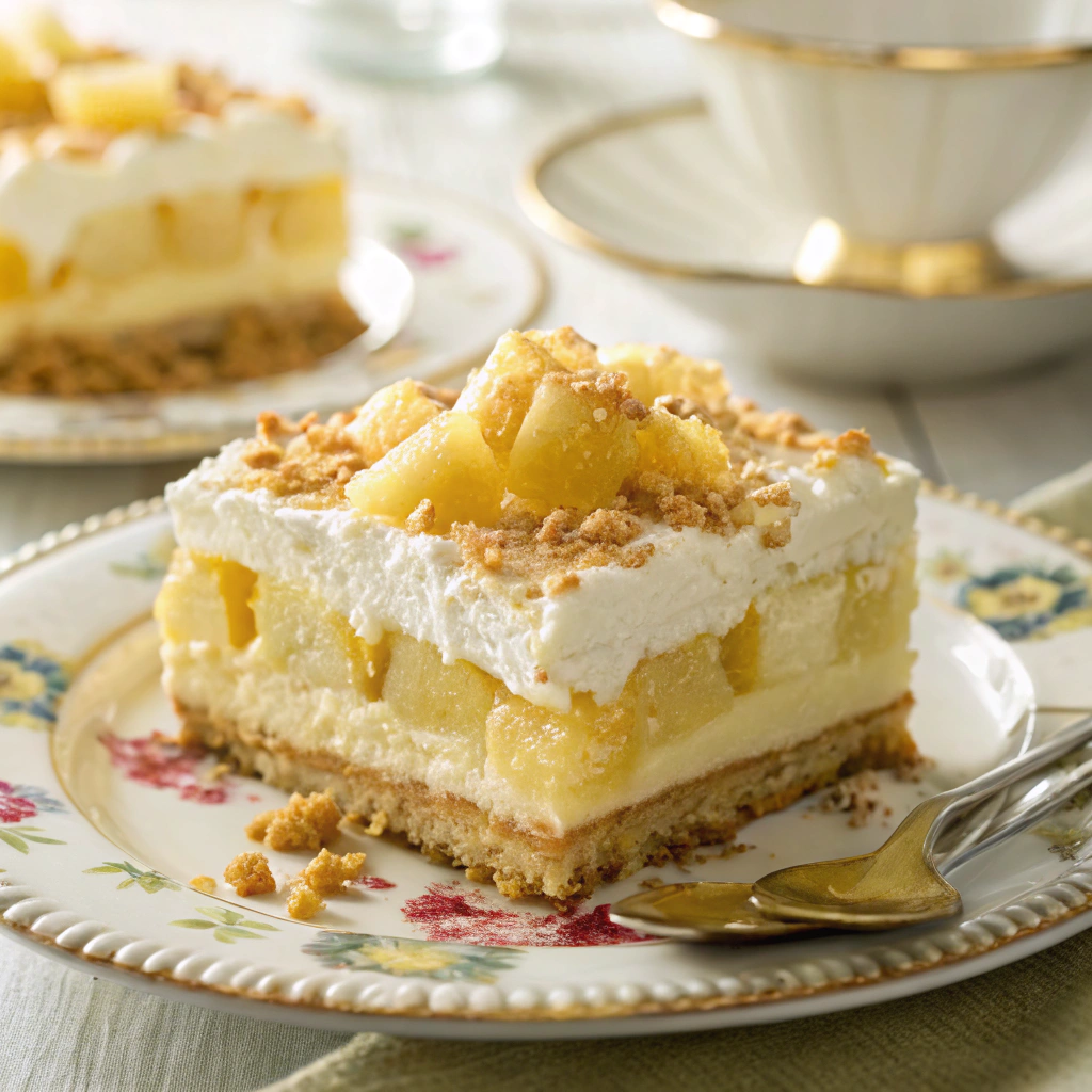 No bake pineapple lush dessert served with fresh fruit garnish