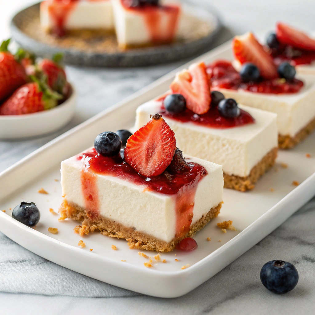 Easy No-Bake Cheesecake Bars served on a white plate with a drizzle of fruit sauce.