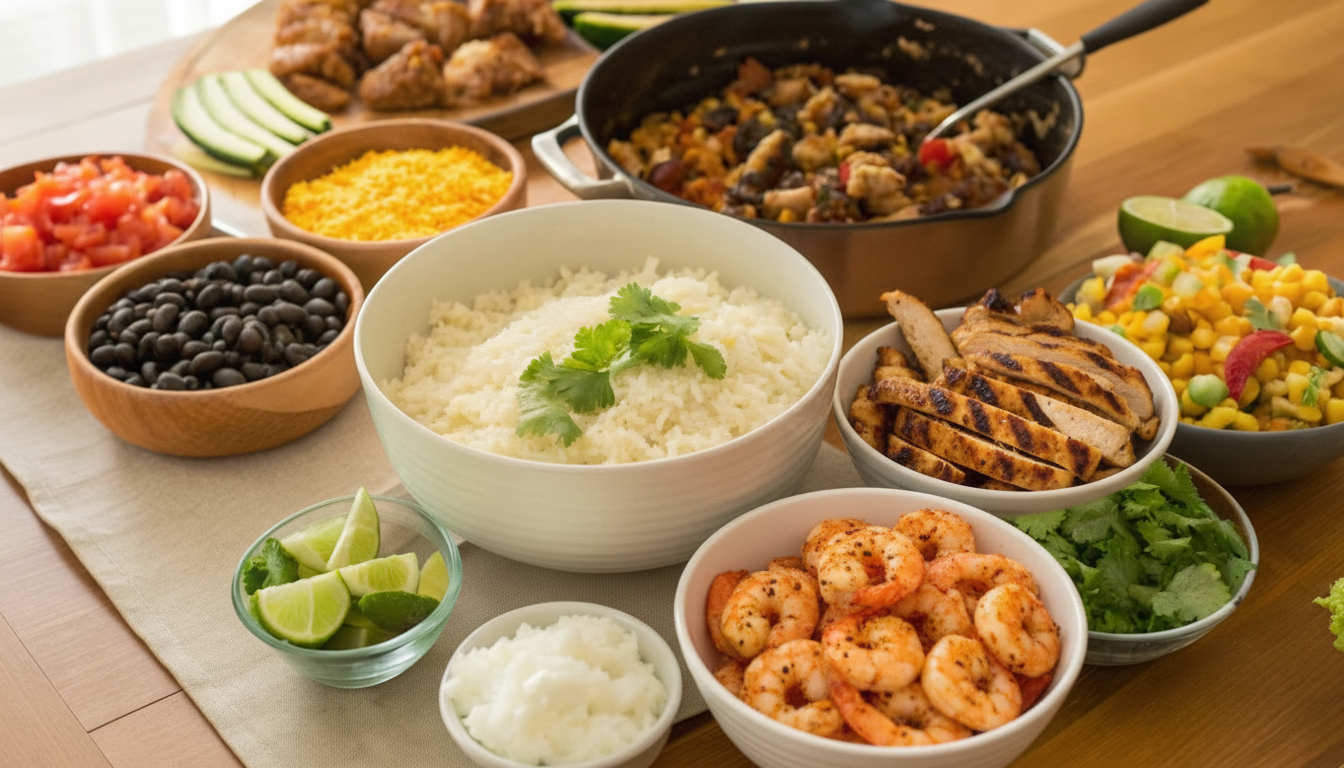 Taco Bowl Meal Prep assortment with various colorful taco bowls.