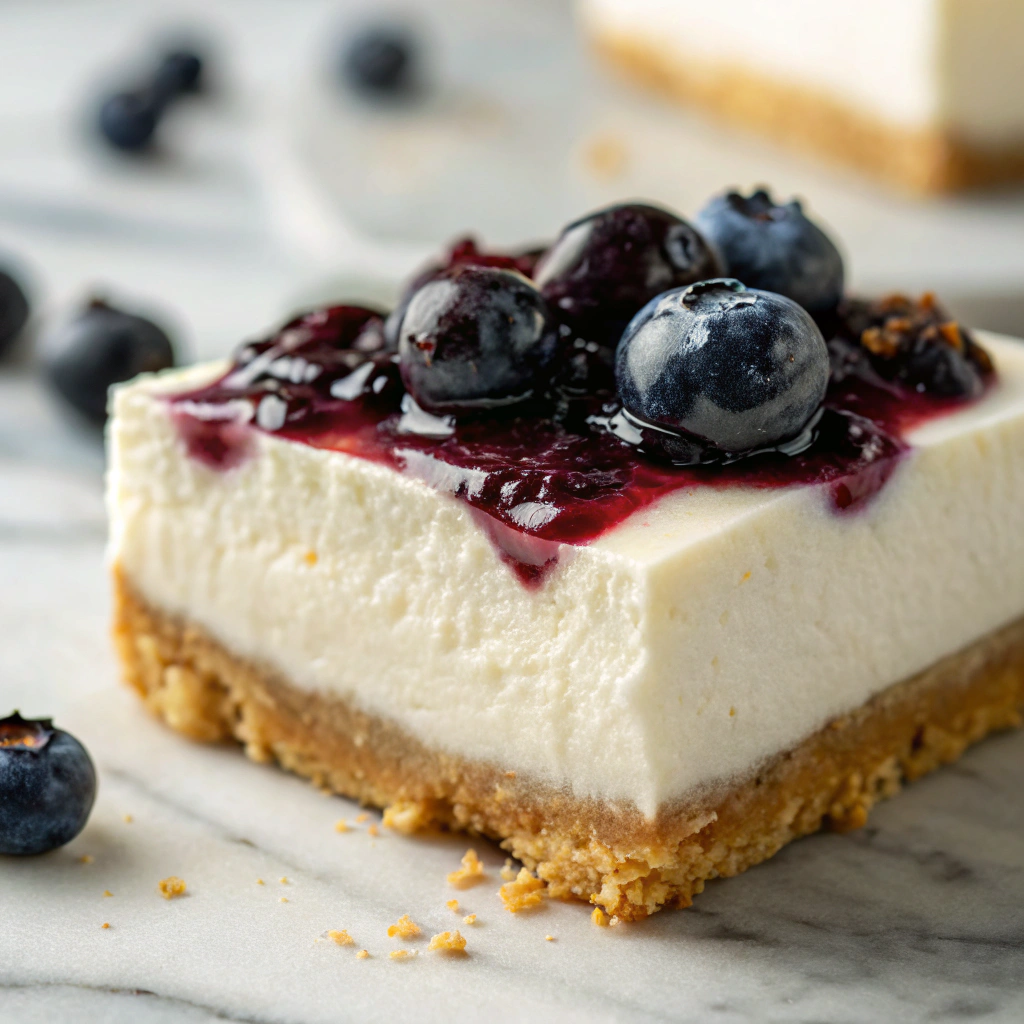 Close-up view of a slice of Easy No-Bake Cheesecake Bars revealing its creamy filling.
