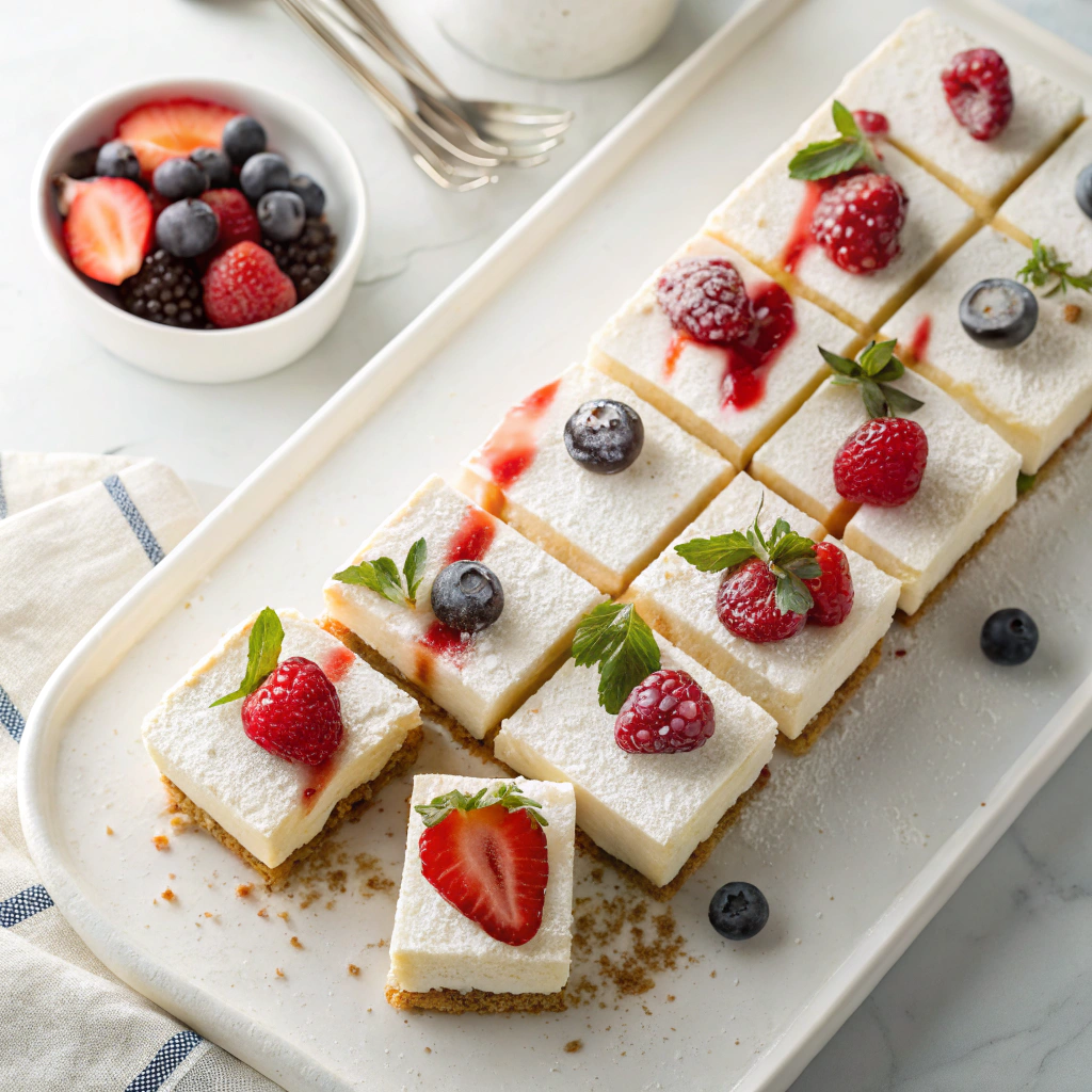 Final presentation of homemade Easy No-Bake Cheesecake Bars on a serving platter.