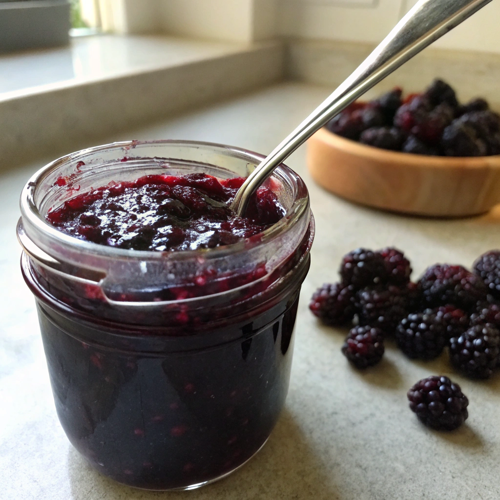 Finished homemade blackberry jelly and jam recipe jar opened with spoon