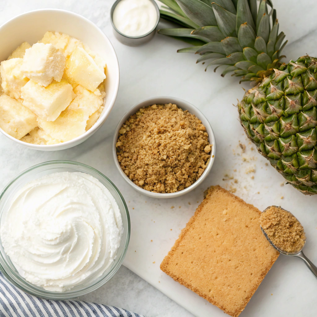 Ingredients for no bake pineapple lush dessert: graham cracker crumbs, cream cheese, crushed pineapple, and whipped topping