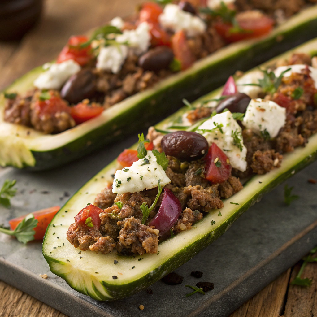 Easy Stuffed Zucchini Boats Greek lamb with feta and oregano
