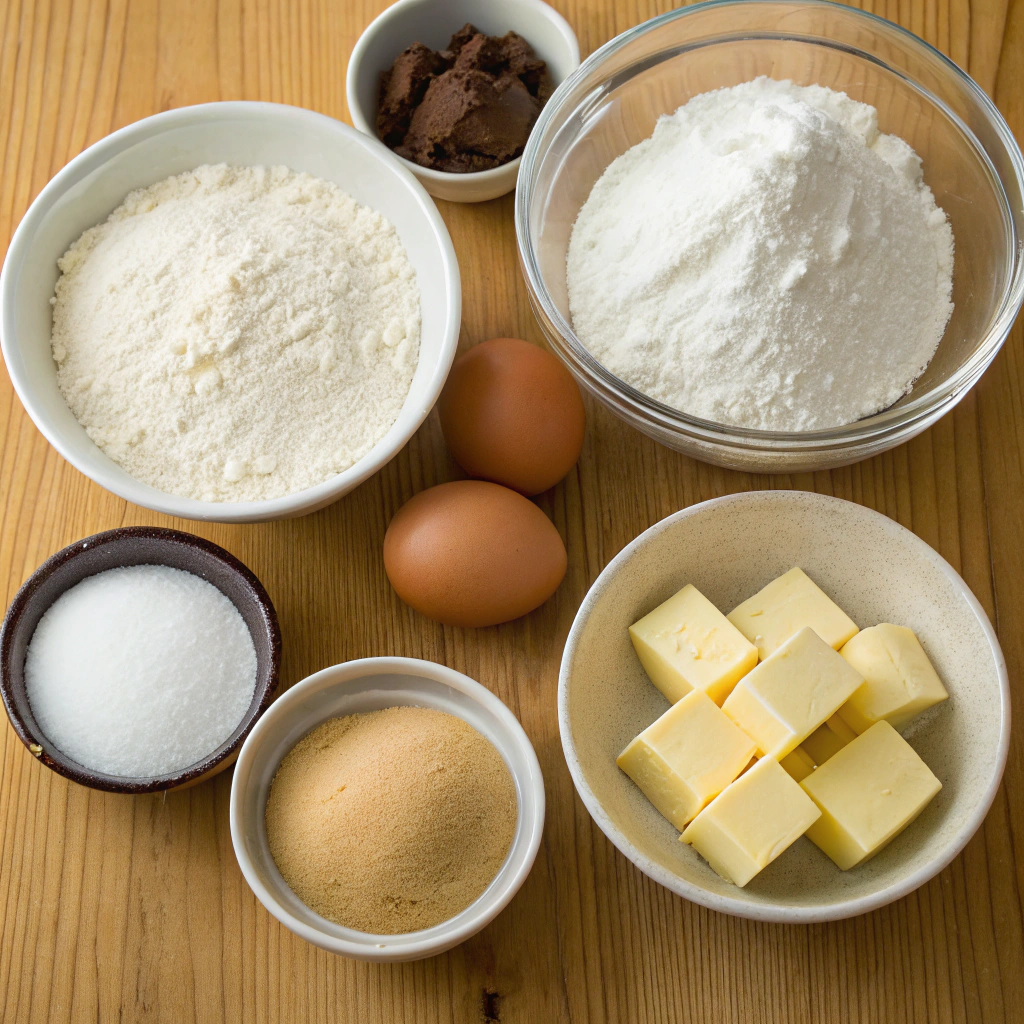 Ingredients for easy Father’s Day cake, including flour, sugar, eggs, and butter
