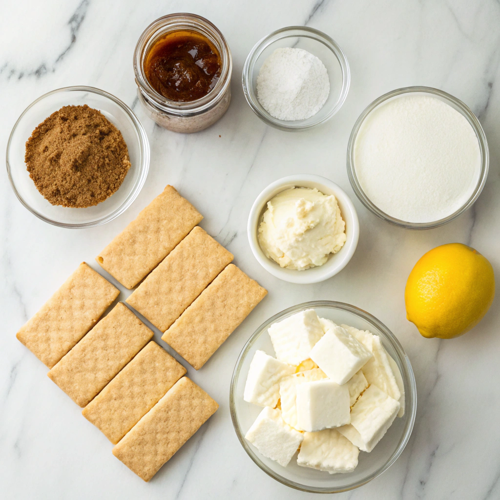 Ingredients for Easy No-Bake Cheesecake Bars laid out on a kitchen counter.