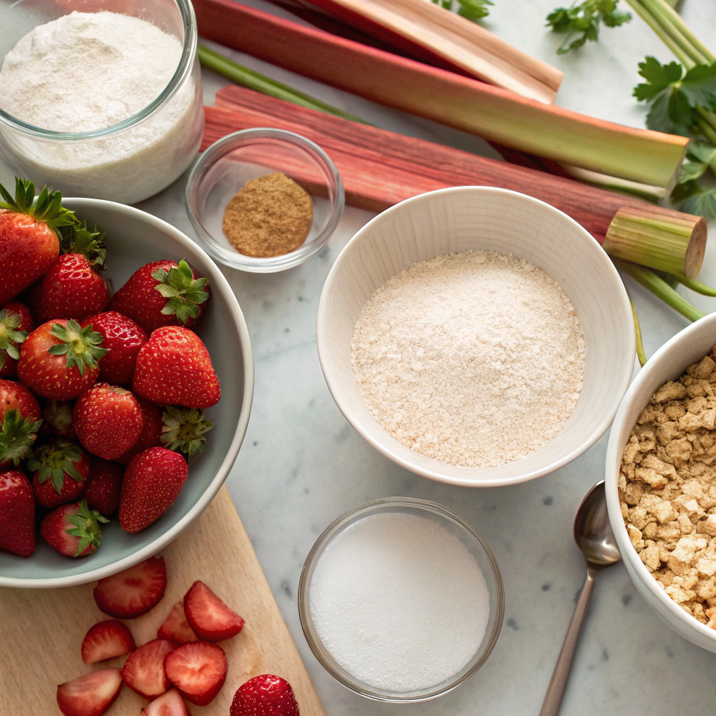 Ingredients for Easy Strawberry Rhubarb Crisp laid out on a kitchen counter.
