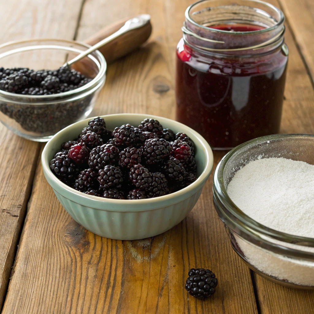 Ingredients for homemade blackberry jelly and jam recipe laid out on a wooden table