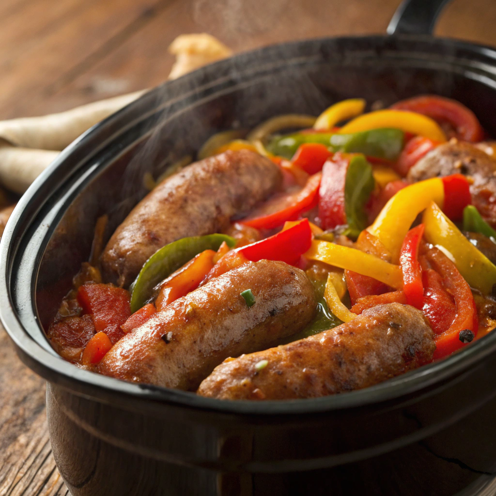 Italian Sausage and Peppers cooked in a crockpot, ready to be served