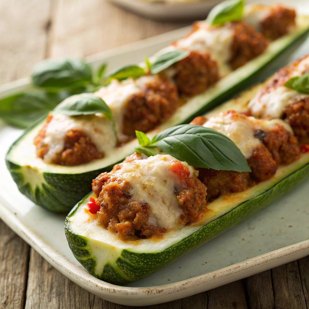 Easy Stuffed Zucchini Boats Italian turkey sausage and melted mozzarella