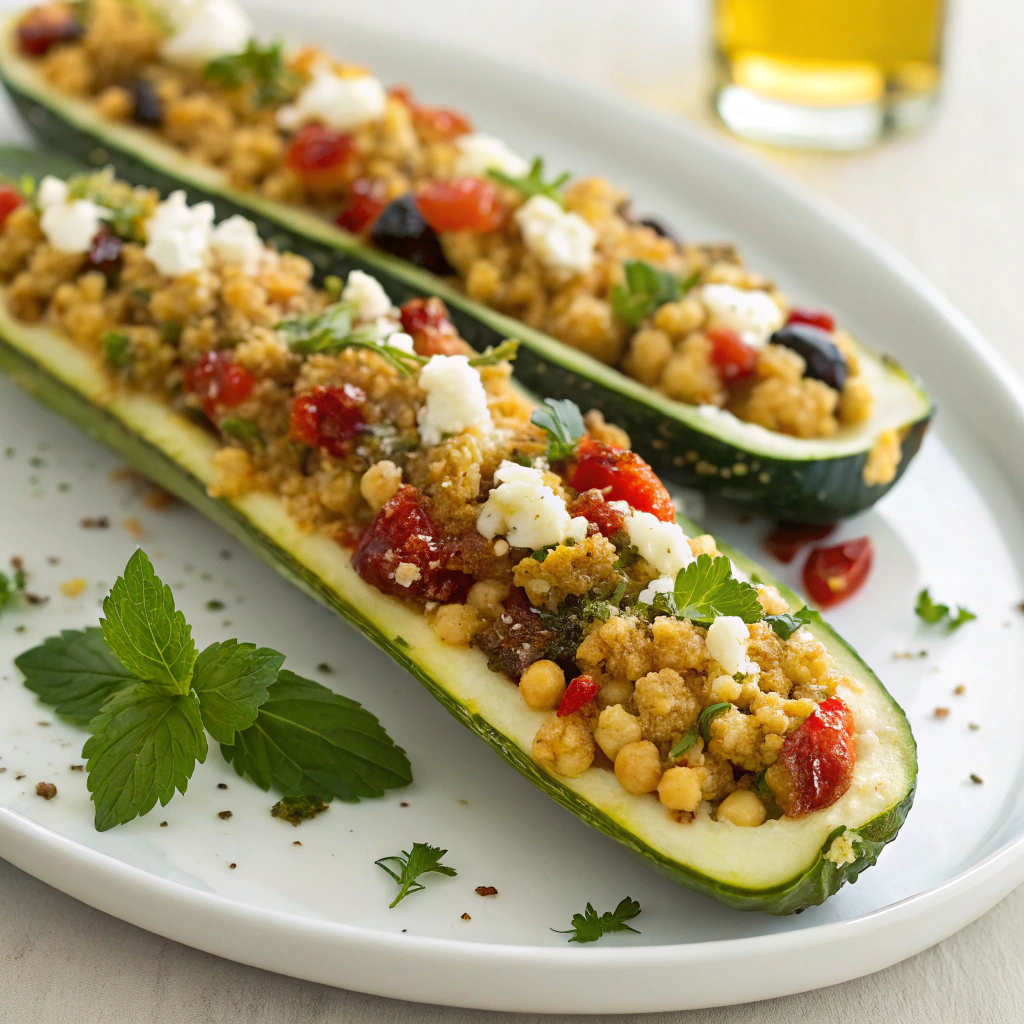 Easy Stuffed Zucchini Boats Mediterranean quinoa and chickpea