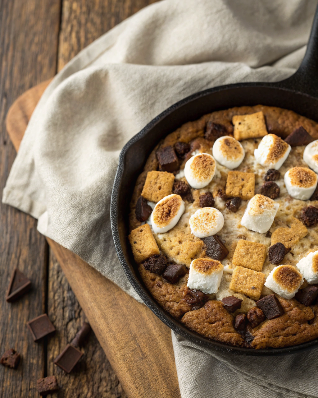 Easy homemade desserts for weeknight family dinners — one-pan skillet s’mores cookie with toasted marshmallows