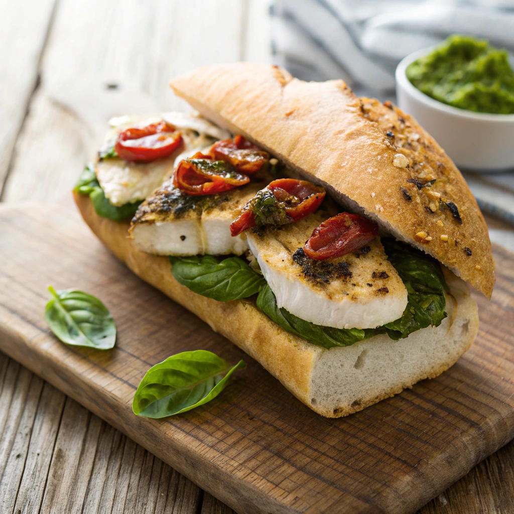 Pesto Chicken Sandwich with grilled chicken, mozzarella, and fresh basil.5 Must-Try Picnic Sandwich Recipes