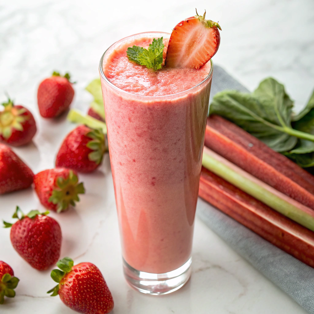 Refreshing Strawberry Rhubarb Smoothie in a glass.Easy Strawberry Rhubarb Recipes