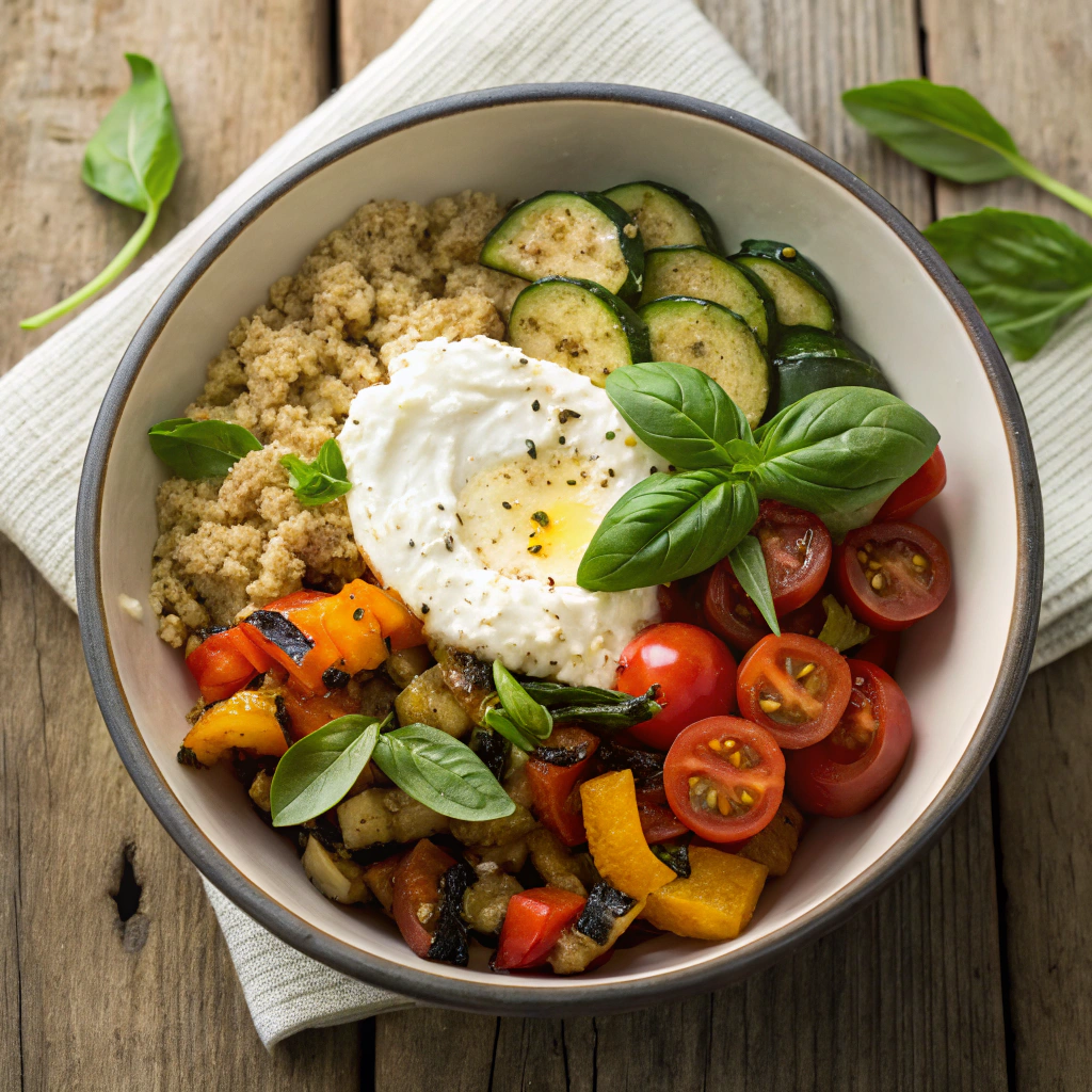 Ricotta Cheese Recipes — ricotta and herb grain bowl with roasted vegetables and greens