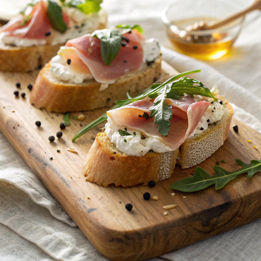 Ricotta Cheese Recipes — ricotta and prosciutto crostini on a wooden board with arugula