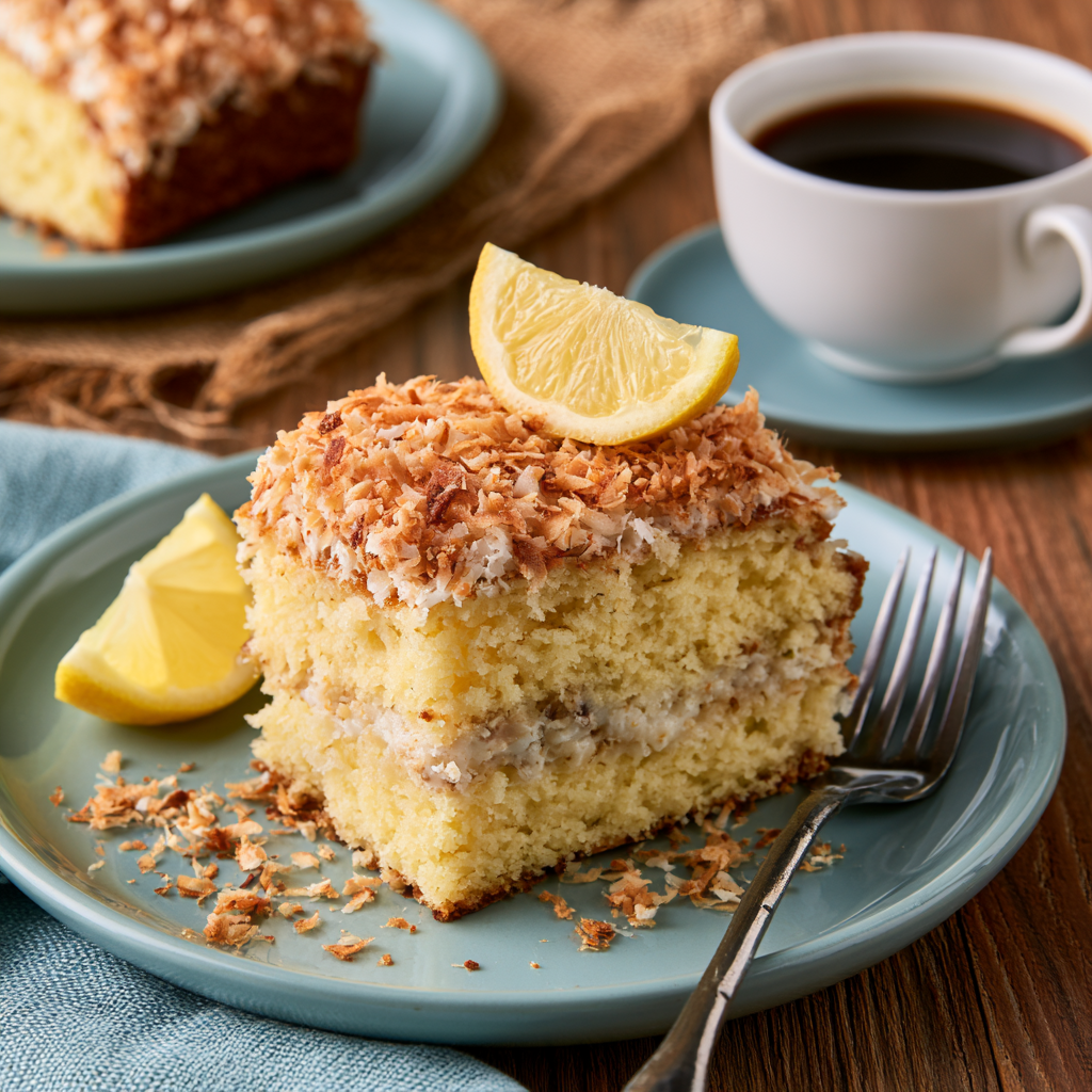 Homemade Portuguese Coconut Celebration Cake on a cake stand