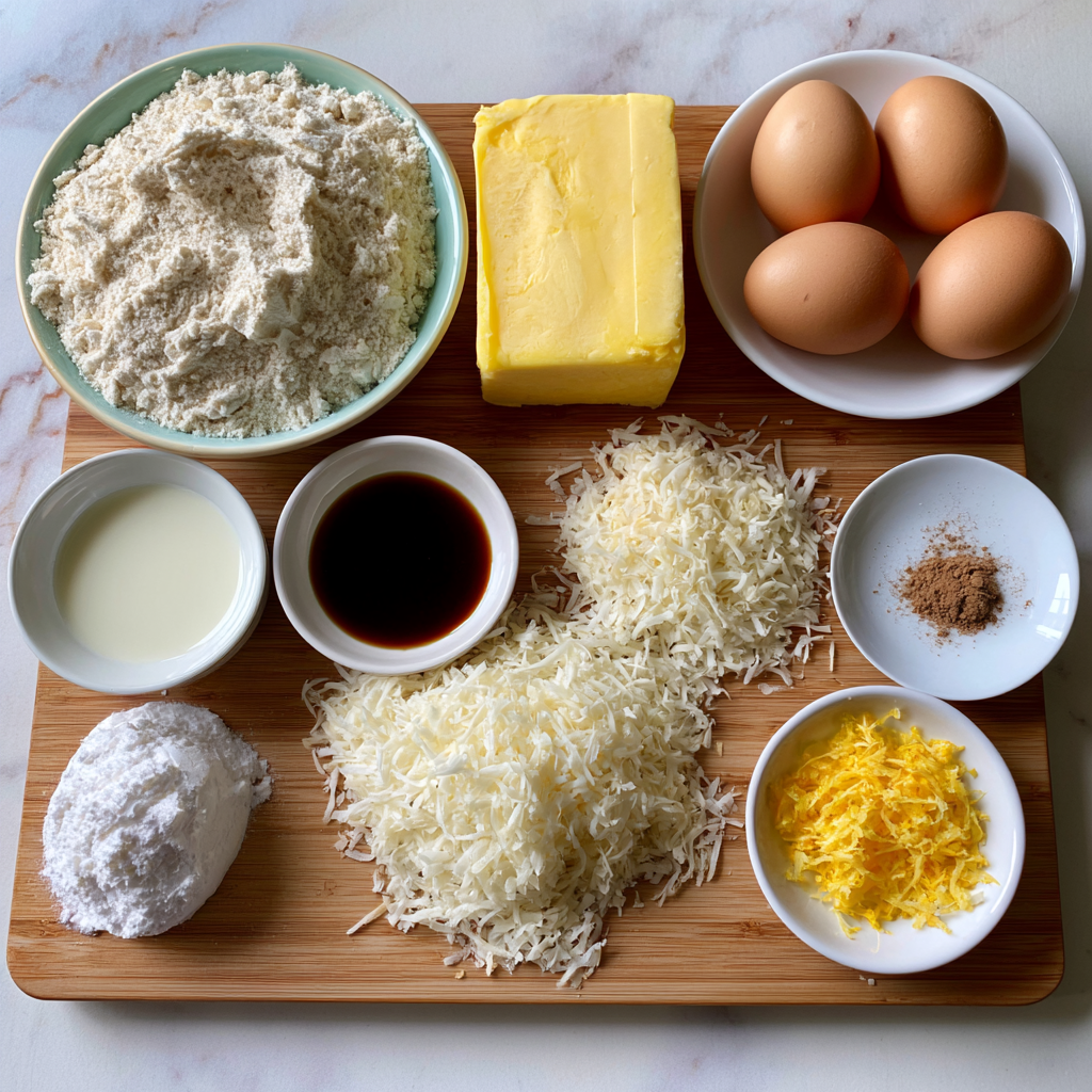Portuguese Coconut Celebration Cake ingredients arranged on a countertop