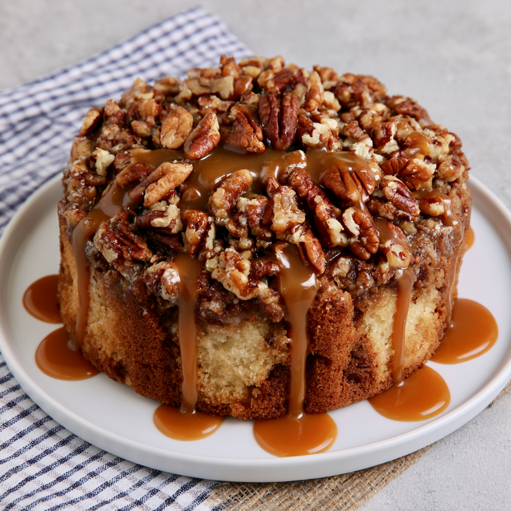 Caramel Pecan Coffee Cake topped with pecans and drizzled with caramel
