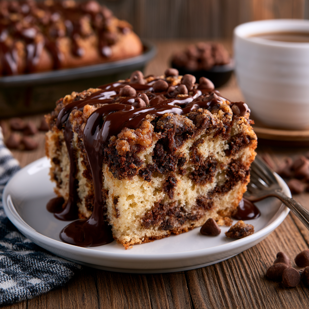 Chocolate Chip Coffee Cake drizzled with chocolate and studded with chocolate chips.