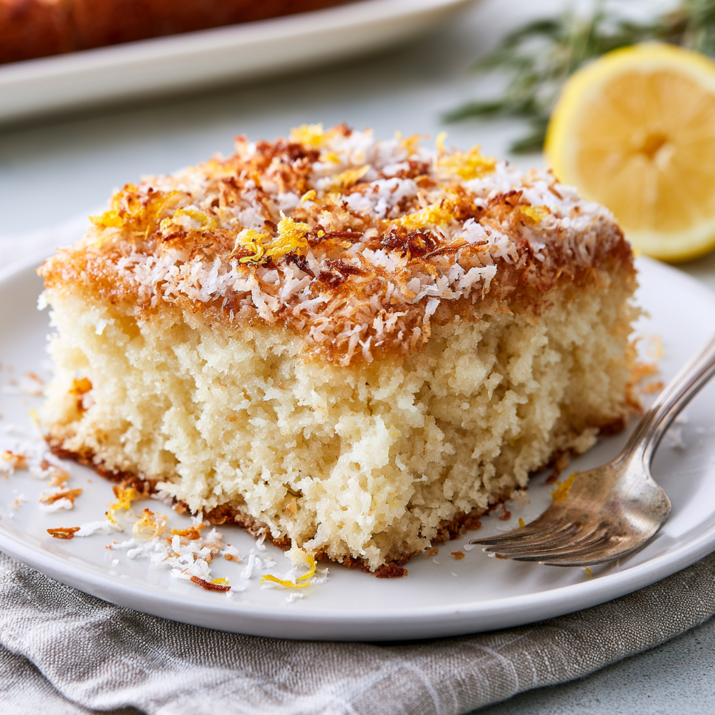 Close-up texture of Portuguese Coconut Celebration Cake crumb and coconut flakes