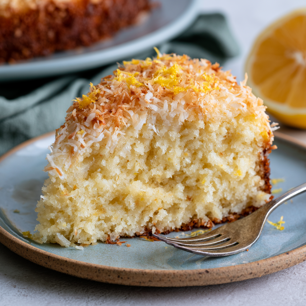 Sliced Portuguese Coconut Celebration Cake served on a plate