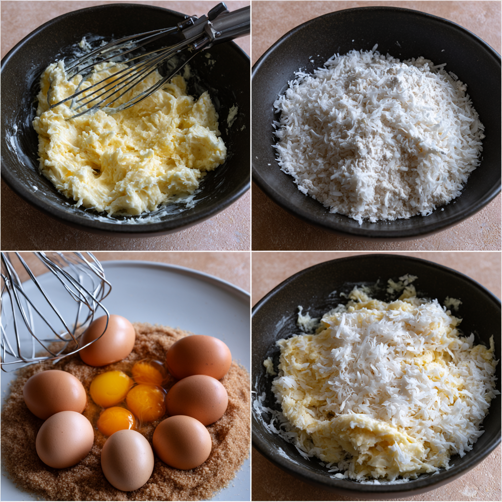 Mixing batter for Portuguese Coconut Celebration Cake in a bowl