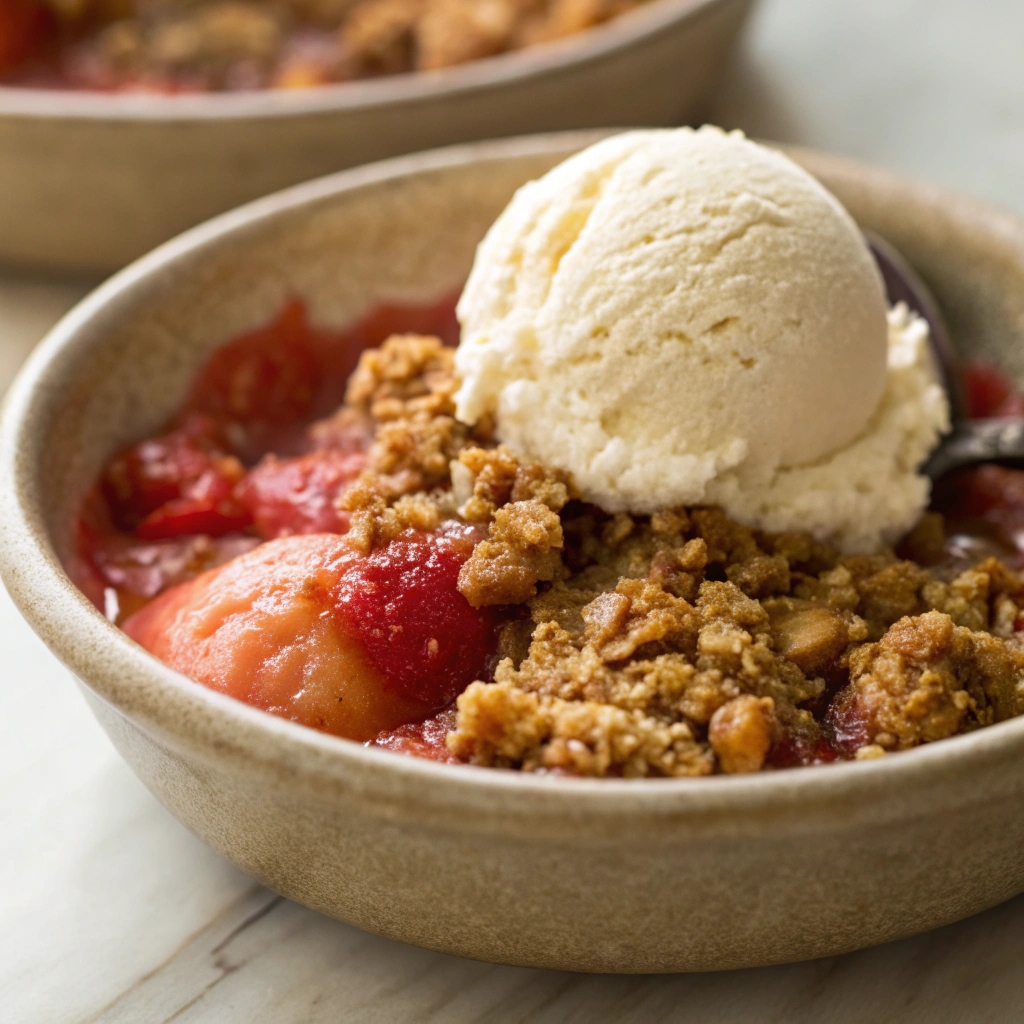 Serving of Easy Strawberry Rhubarb Crisp with a scoop of vanilla ice cream