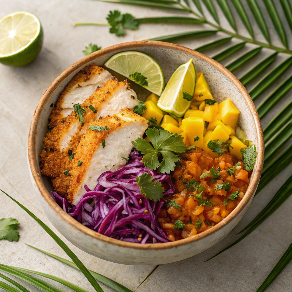 Spicy Fish Taco Bowl Meal Prepwith flaky fish, shredded cabbage, and mango salsa