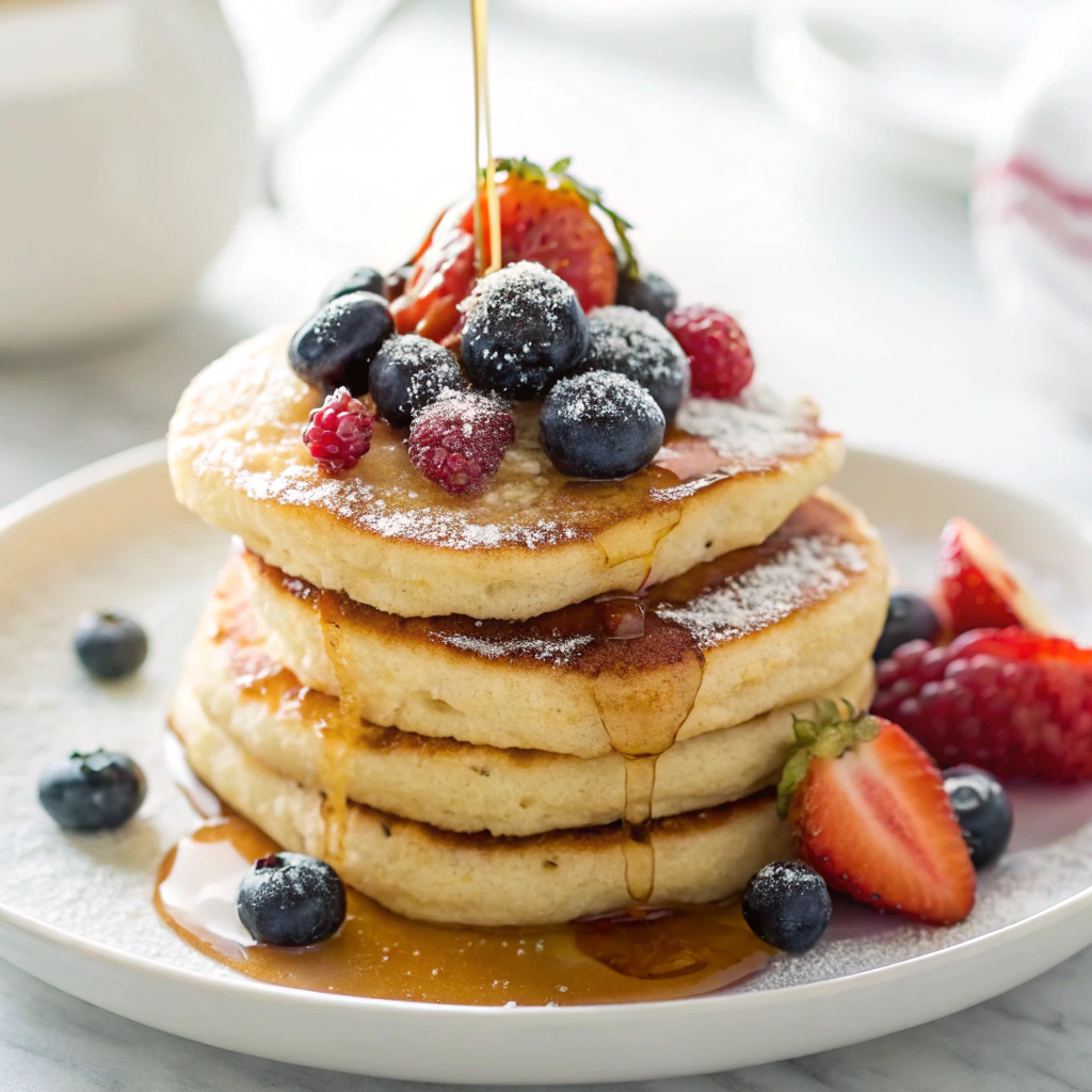 Ricotta Cheese Recipes — stack of lemon ricotta pancakes with berries and syrup
