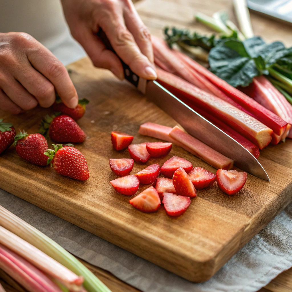 Chopping fresh strawberries and rhubarb stalks on a cutting board.