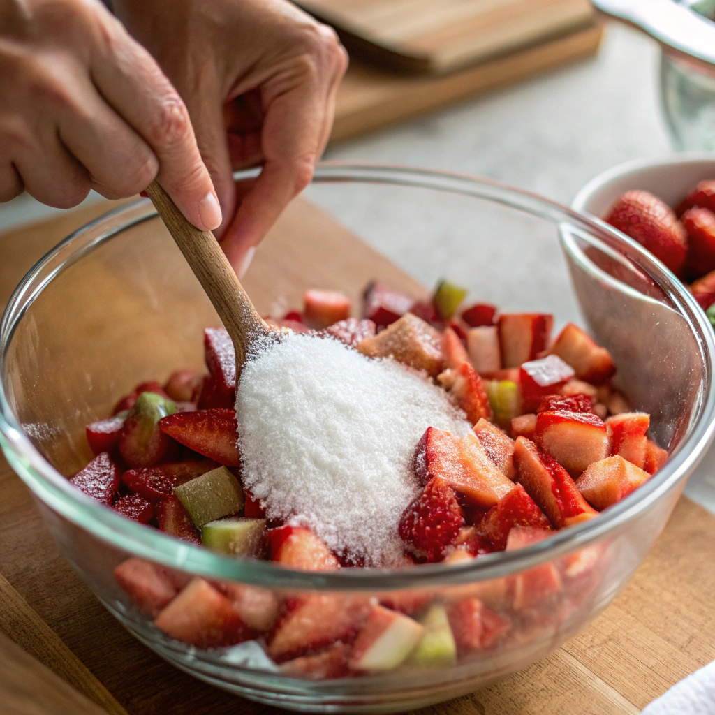 Mixing sliced strawberries and rhubarb with sugar in a large bowl.