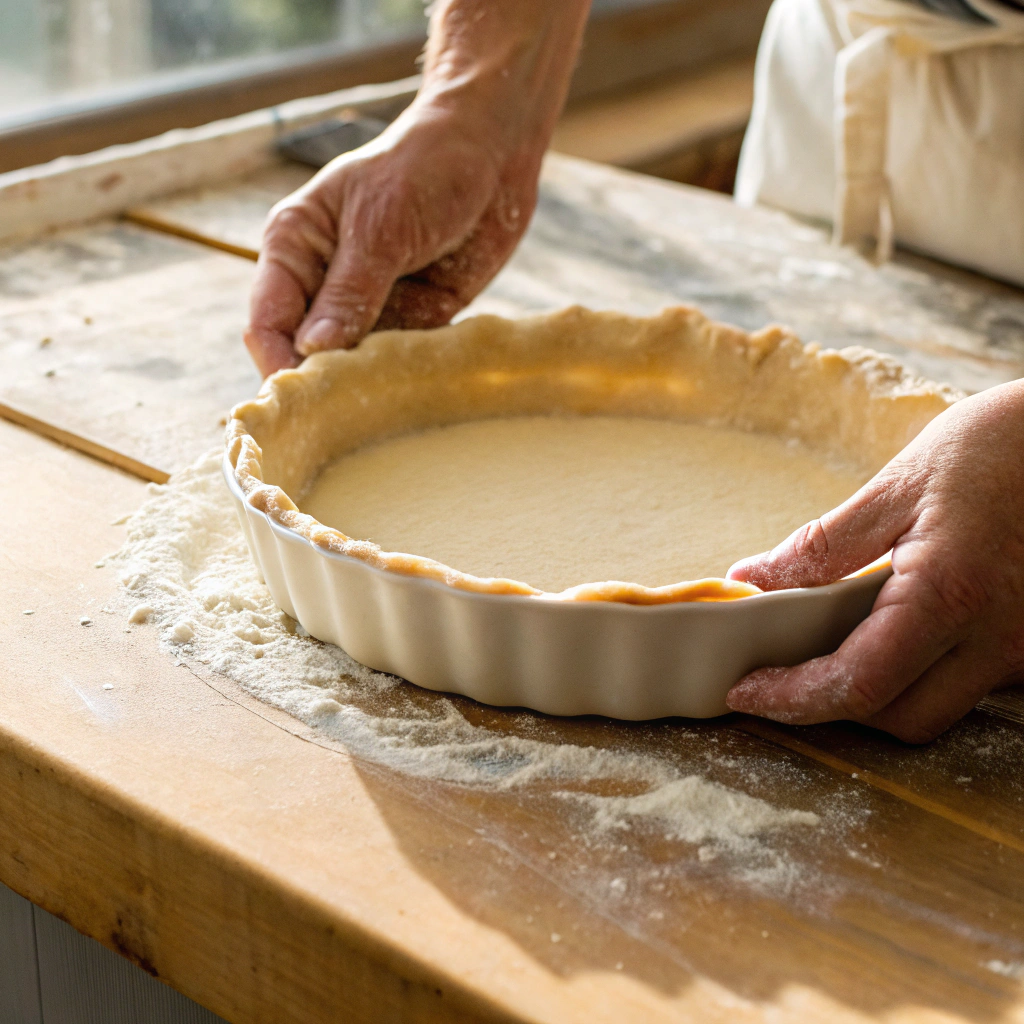 Pressing pie dough evenly into a ceramic pie dish.