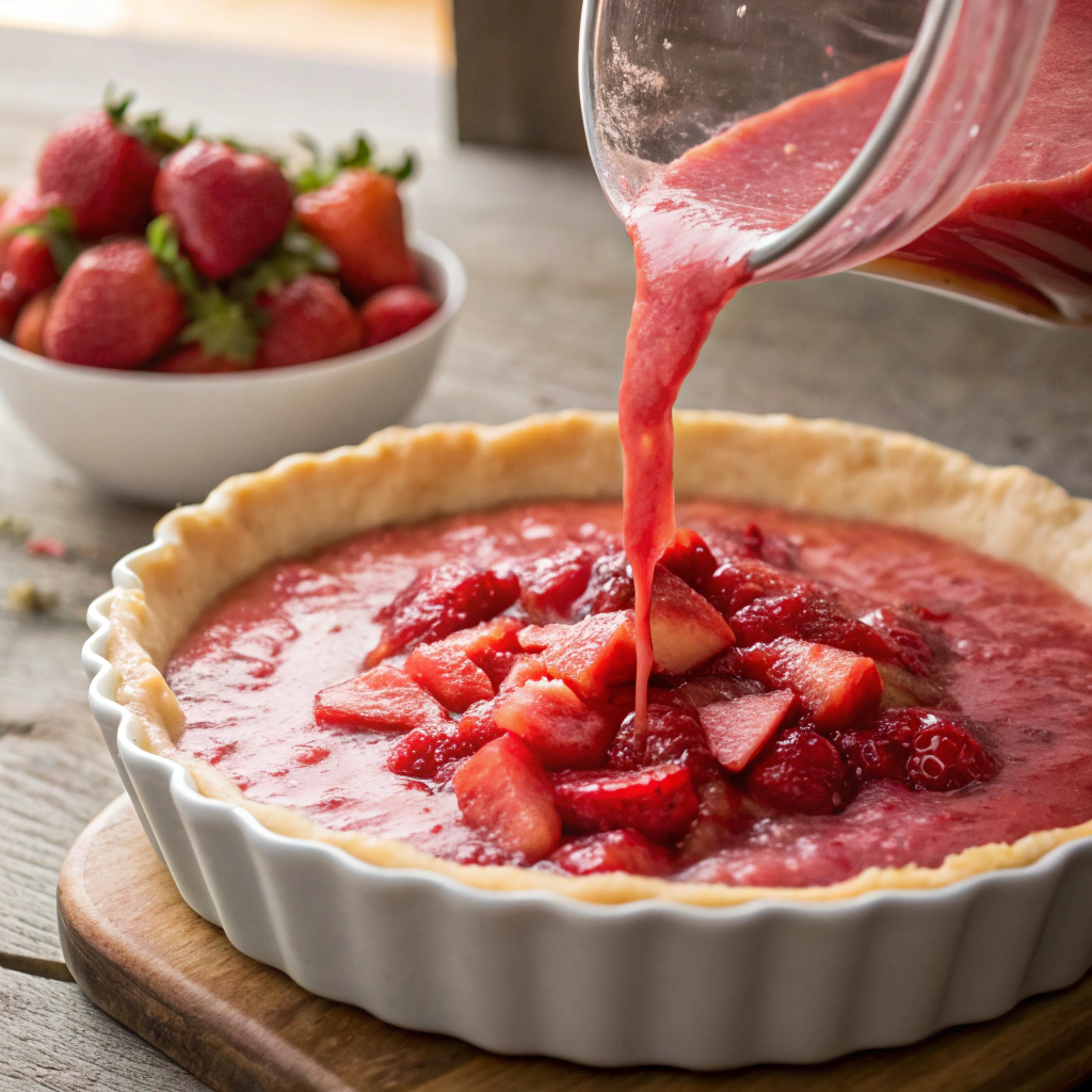 Pouring the strawberry rhubarb filling into the unbaked pie crust.