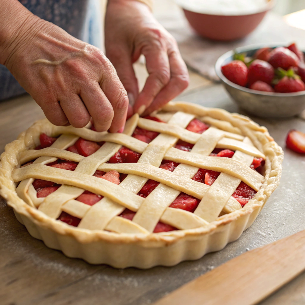 Laying a lattice crust on top of the filled pie and crimping the edges
