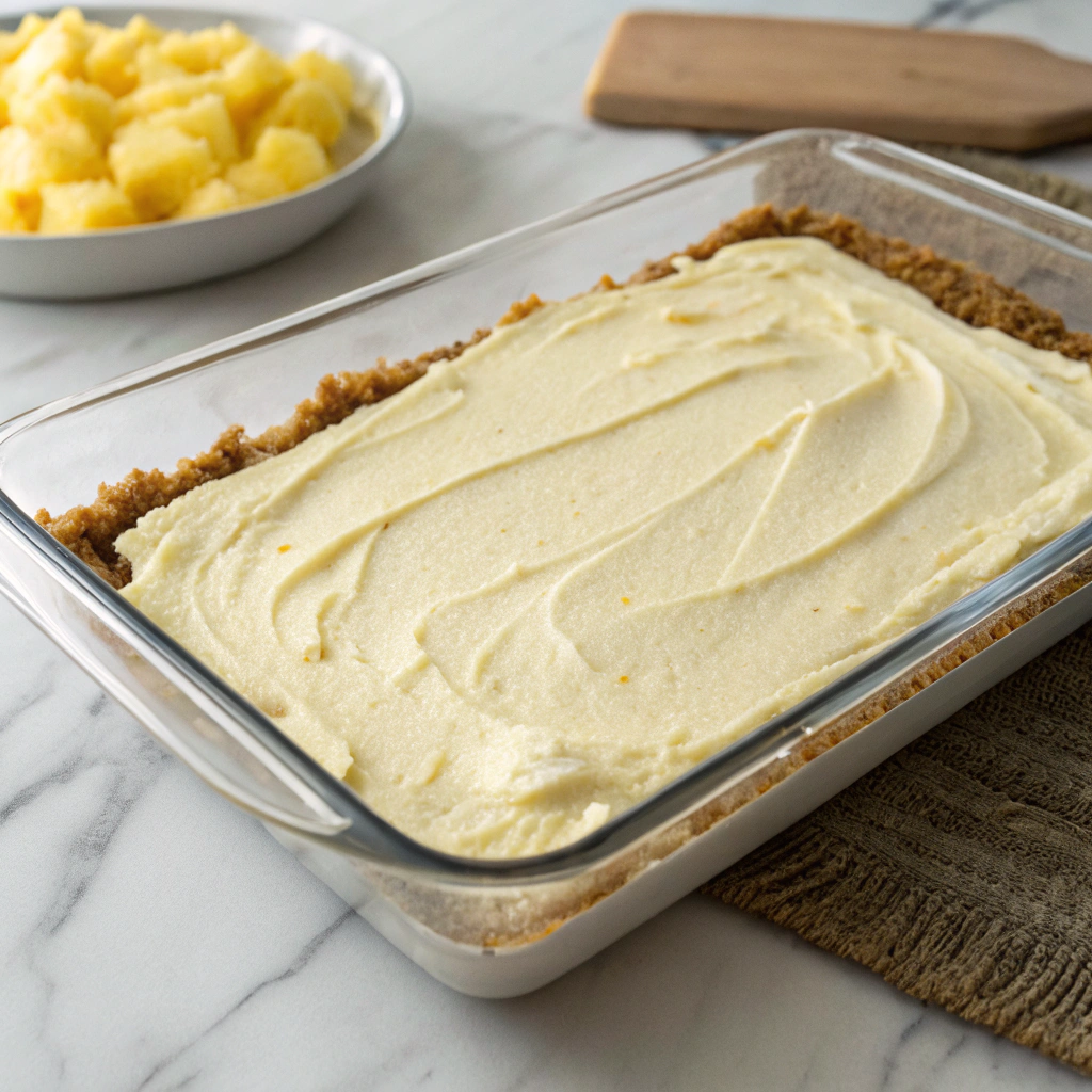 Step-by-step preparation of no bake pineapple lush dessert.