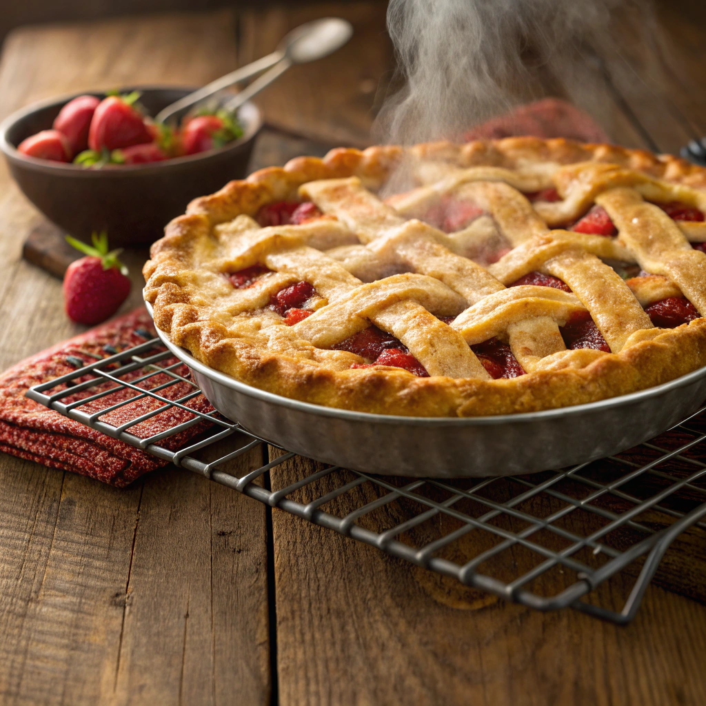 Close-up view of baked easy strawberry rhubarb pie