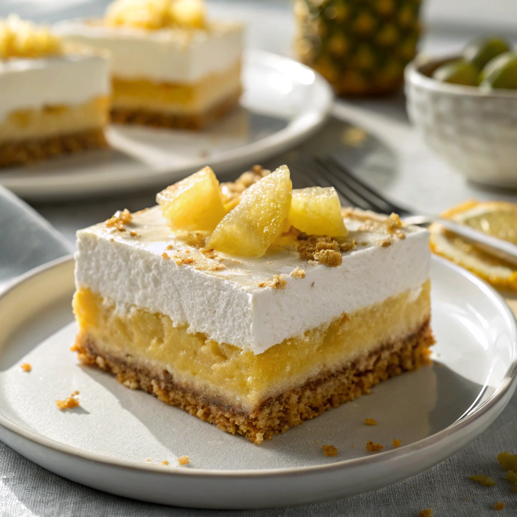 "Finished homemade no bake pineapple lush dessert ready to serve."